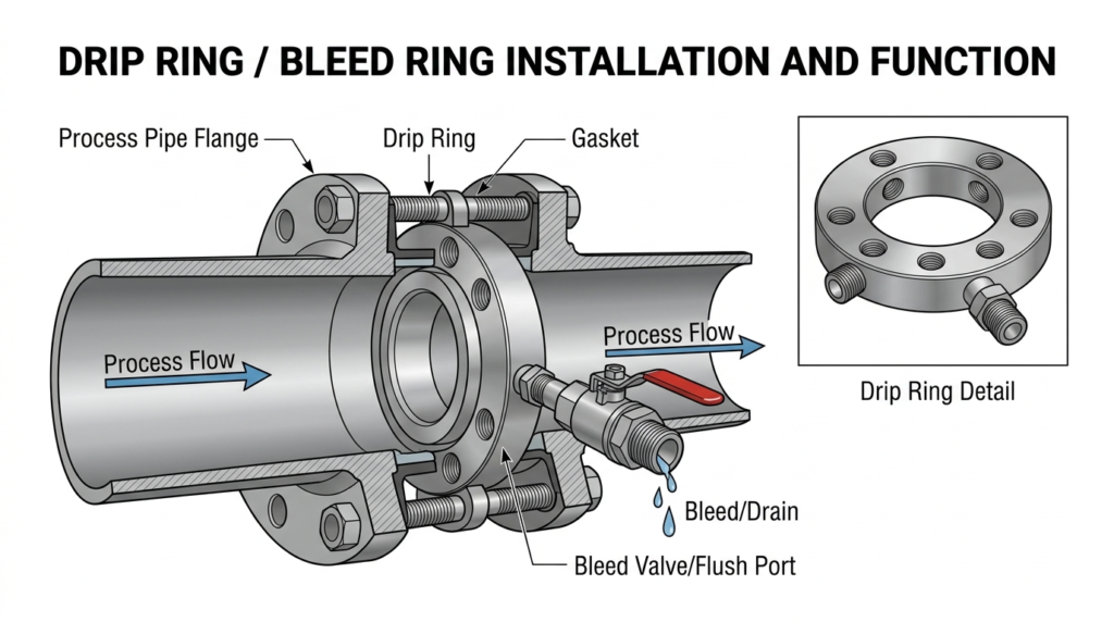 Diagram illustrating the components and function of a drip ring in a fluid management system.