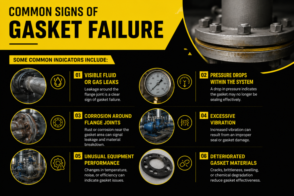 six common signs of gasket failure, including leaks, pressure drops, corrosion, vibration, poor equipment performance, and deteriorated gasket materials.  